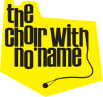 Yellow shape, with a microphones and text saying 